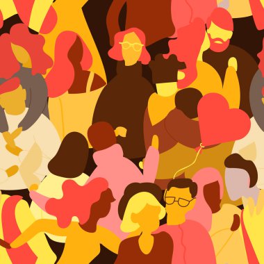 İnsanlar Dikişsiz desen kalabalık. Küçük erkek ve kadın. Farklı çiftler heteroseksüel gay lezbiyen mix yarış. Vektör düz çizim