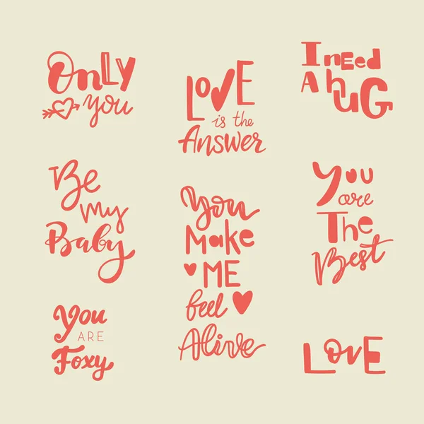 Set van hand getrokken belettering met inscripties over liefde. Collectie voor typografie poster of briefkaart design voor Valentijnsdag... Romantische vectorillustratie met citaat — Stockvector