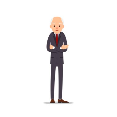 Old man. Elderly man in business suit stands with arms crossed on his chest. Cartoon illustration isolated on white background in flat style. Full length portrait of old human, senior or grandfather vector Old man. Elderly man in business suit stands with arms crossed on his chest. Cartoon illustration isolated on white background in flat style. Full length portrait of old human, senior or grandfather vector