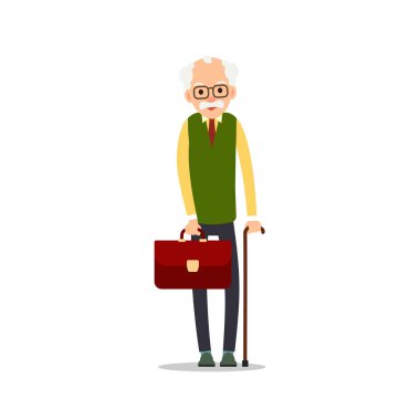 Yaşlı adam. Yaşlı bir adam değneğine yaslanıyor ve elinde belgelerle bir evrak çantası tutuyor. Çizgi film çizimi beyaz arkaplanda düz bir şekilde izole edildi. Yaşlı bir insanın tam boy portresi.