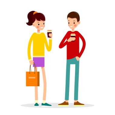 Genç kız ve genç oğlan kahve içiyorlar. Kadın ve erkek sıcak bir şeyler içiyor. Düz bir tasvir. Arkadaşlar kahve içmek için buluştular. İzole edilmiş