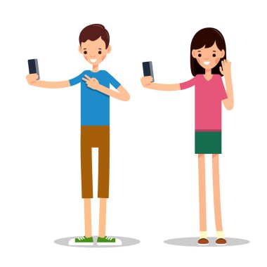 Erkek ve kadın selfie çeker. Arkadaşlar ortak oto-portre fotoğrafı çekerler. Mutlu gülümseyen genç adam ve kadınlar selfie çekiyorlar. Düz bir tasvir. İzole edilmiş