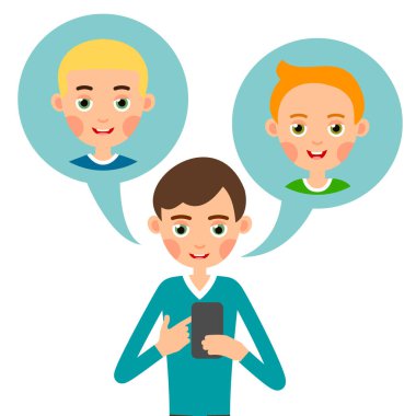 Çocuk arıyor. Çizgi filmci konsept tasarım için konuşuyor. Cep telefonu kullanıyor. Güzel tasarım. Modern internet iletişim araçları. Görüntü düz arkaplanda izole edildi