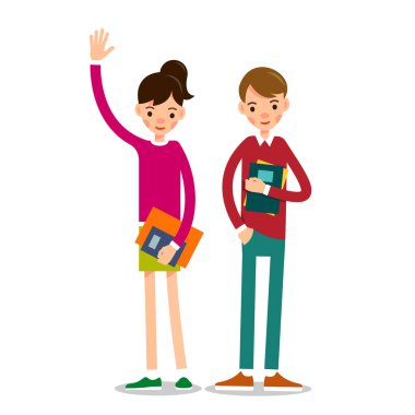 Birkaç öğrenci. Genç bir adam ve bir kız ellerinde ders kitaplarıyla ayakta duruyorlar. Genç öğrenciler birlikte derslere hazırlanıyorlar. Düz bir tasvir. İzole edilmiş