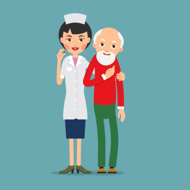 Doktor ve hasta. Pratisyen doktor kadın ayakta duruyor ve yaşlı adama destek oluyor. Yaşlı bir hastanın omzunda doktorun eli. Danışmanlık ve teşhis. Görüntü düz arkaplanda izole edildi