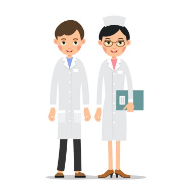 Doktorlar. Üniformalı kadın ve erkek doktor. Çizgi film çizimi beyaz arkaplanda düz bir şekilde izole edildi. Doktor, hemşire ya da asistanın tam boy portresi