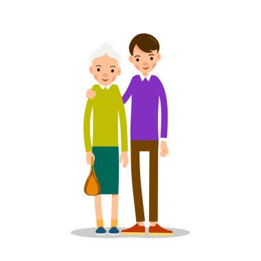 Büyükanne, genç adam. Genç adam yaşlı bir kadının yanında duruyor ve omuzlarına sarılıyor. Mutlu aile kavramı. Çizgi film düz çizimi beyaz arkaplanda izole edildi