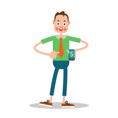 Telefonlu bir adam. Genç adam, para kazanabileceği cep telefonunu işaret ederek duruyor. Düz bir tasvir. İzole edilmiş. Beyaz arka grup