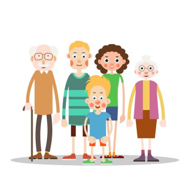 Birlikte mutlu bir aile - büyükanne, büyükbaba, anne, baba ve oğul. Düz bir tasvir. İzole edilmiş. Beyaz arka grup
