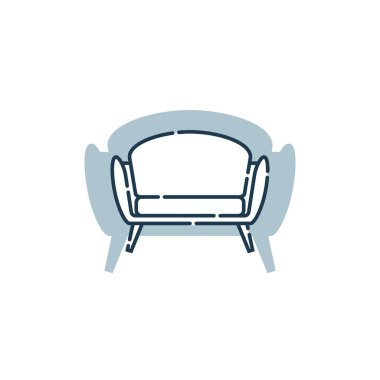 Tek yastıklı rahat bir kanepe. Şekil arka planında kanepe olan düz bir çizim. Rahatlamak için modern bir nesne. Sanat tarzında kanepe tasviri. İçerideki elementlerin mobilyaları.