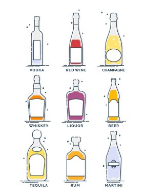 Beyaz arka planda alkol şişesi olan düz çizgi simgesi. Parti içkisi. Bar tabelası. Ayrı bir nesne. Grafik koleksiyonu. Votka, şarap, şampanya, viski, likör, bira, tekila, rom, martini. Meyhane içeceği.