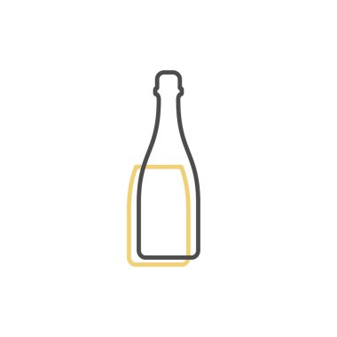 Şampanya şişesinin basit şekli. Bir şişenin dış hatları, ikinci içki. Şarabın ana sembolü koyu renk. Sıvı sarıyı imzala Beyaz arkaplanda izole edilmiş düz çizim.