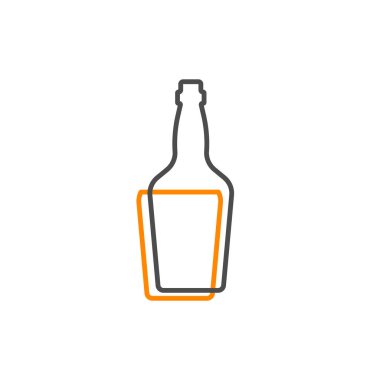 Viski şişesinin basit şekli. Bir şişenin dış hatları, ikinci içki. Taslak sembol viski koyu renk. Sıvı sarıyı imzala Beyaz arkaplanda izole edilmiş düz çizim