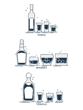 Şişe ve cam votka viski tekila hattı sanatı düz stil. Kutlama tasarımı için restoran alkolik illüstrasyonu. Tasarım kontur elemanı. İçecek taslak simgesi. Beyaz arkaplanda izole.