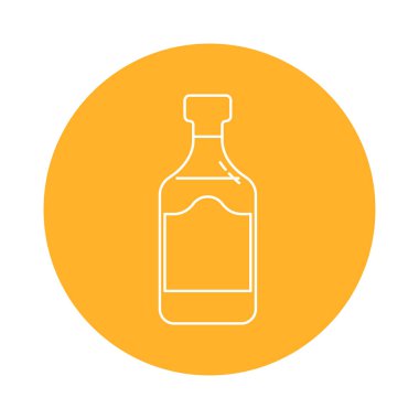 Bir şişe romun düz bir şekilde ince çizgilerle resmedilmiş hali. Arka planda renkli içecek çemberi var. İzole nesne tasarımı içeceği. Restoran, bar ve parti için basit bir simge