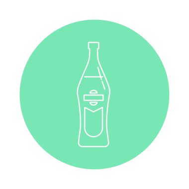 İnce çizgiler halinde düz bir vermut şişesi tasviri. Arka planda renkli içecek çemberi var. İzole nesne tasarımı içeceği. Restoran, bar ve parti için basit bir simge
