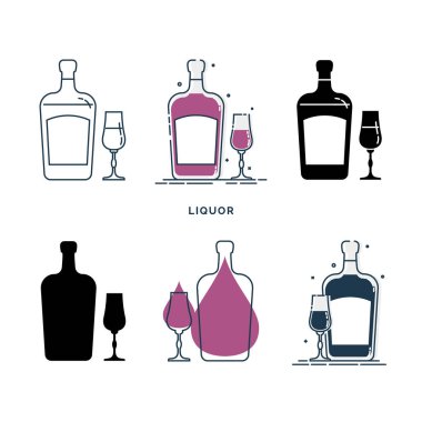 Farklı tarzlarda içki şişeleri ve bardaklar. Restoran, bar ve bar için şablon alkol içeceği. Sembol partisi. Koleksiyon bir içki. Beyaz arkaplanda izole düz çizim.