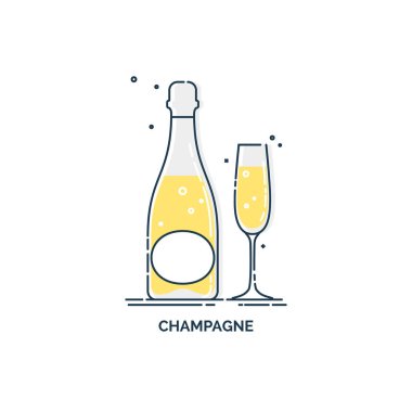 Şişe ve cam şampanya serisi düz stil. Kutlama tasarımı için restoran alkolik illüstrasyonu. Tasarım kontur elemanı. İçecek taslak simgesi. Grafik stilinde beyaz arkaplanda izole edilmiş