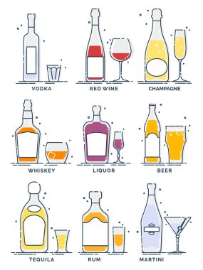 Şişeler ve bardaklar. Beyaz arka planda alkollü içecekler. Alkolik içecek. Sıvı renk. İzole bir illüstrasyon. Votka kırmızı şarap şampanya viski, tekila rom martini. Simge iç