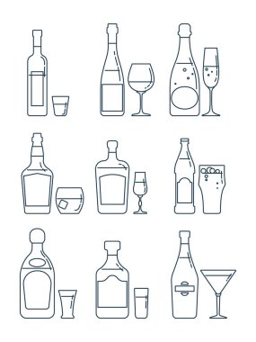 Şişe ve cam votka kırmızı şarap viski likör tekila martini çizgisi düz stil. Kutlama tasarımı için restoran içeceği çizimi. Tasarım konumu ögesi