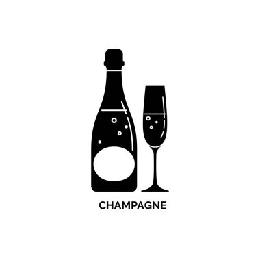 Silüet şişe ve cam şampanyanın olduğu bir resim. Ayrı bir nesne. Köpüklü içecek etiketi. Beyaz arka plan. Tasarım konsepti partisi, kutlama. Modern işaret
