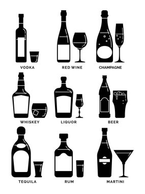 Koleksiyon şişesi alkollü içecekler. Görüntü izole edildi. Damla rengi dolgulu düz tasarım tarzı. Bira, şampanya, şarap, içki, votka, martini, rom, tekila.