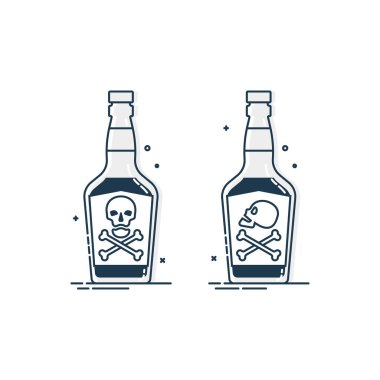 Konsept tasarım için zehirli kafatası şişesi. Tehlikeli bir konteynır. İksir içeceği bar içeceği konsepti. Alkol bağımlısı ikonu. Venom, tehlike sembolü. Beyaz arkaplanda izole illüstrasyon