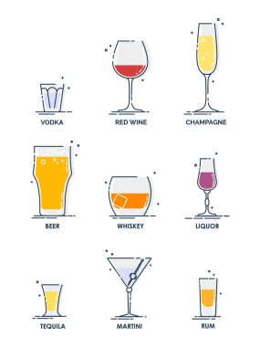 Cam alkol. Nesne için. İçecek ikonu hazır. Çizgi tasarımı. Votka, şarap, şampanya, viski, likör, bira, tekila, rom, martini. Çizgi tasarımı çizimi düz arkaplanda izole edildi