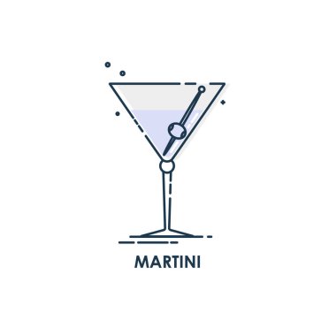 Düz çizgili zeytinli şarap kadehi martini. Kutlama tasarımı için restoran alkolik illüstrasyonu. Contour elementi. İçecek taslak simgesi. Grafik biçiminde beyaz arkaplanda izole