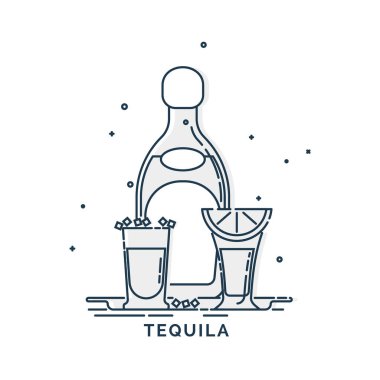 Bir bardak tekila şişesi ve geleneksel atıştırmalık tuz ve limon. Citrus dilimleri aperatif ve Meksika alkolü. Düz izole edilmiş beyaz arkaplanda tasarım içeceği