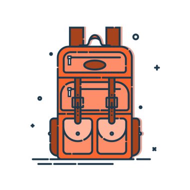 Sırt çantası ya da cepleri ve fermuarı olan okul çantası. Öğrenciler ve seyahat ikonu için eğitim ve çalışma çantası. Turizm çantası. Ön manzara. Düz çizgi çizimi beyaz arkaplanda izole edildi.