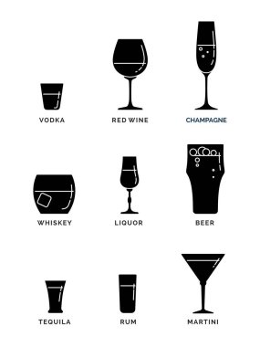 Votka, kırmızı şarap, şampanya, viski, tekila, rom martini. Kutlama tasarımı için restoran içeceği çizimi. Tasarım konumu ögesi