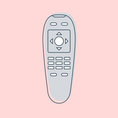 Uzaktan kumanda. Vardiya düğmeleri olan çokluortam paneli. Program cihazı. Kablosuz konsol. Evrensel elektronik kumanda. Renk arkaplanında izole edilmiş ince çizgi çizimi. Düz sembol