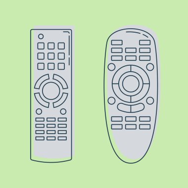 İki nesne uzaktan kumanda. Vardiya düğmeleri olan çokluortam paneli. Program cihazı. Kablosuz konsol. Evrensel elektronik kumanda. İzole edilmiş ince çizgi çizimi. Renkli arka plan. Düz sembol