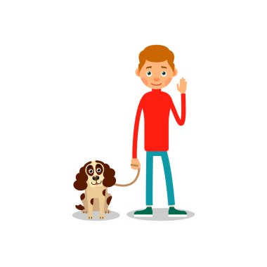 İnsan ve köpek. Genç çocuk ayakta ve köpeği onun yanında oturuyor. Düz bir tasvir. İzole edilmiş