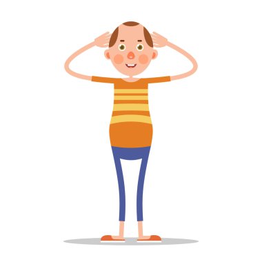 Adam ayakta duruyor ve başının arkasında el ele tutuşuyor. Düz bir tasvir. İzole et