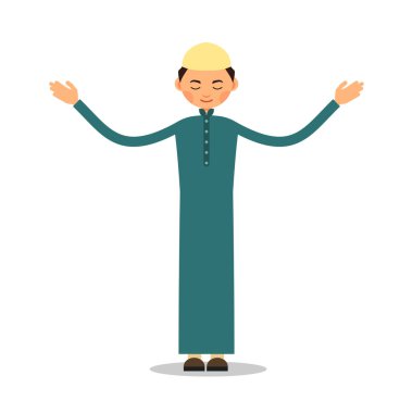 Müslüman duası. Müslüman, İslami adam ayağa kalk ve dua et. Erkek müslüman dua ediyor. Elleri havada bir adamın müslüman duasının icrası. Düz bir tasvir. İzole edilmiş. 