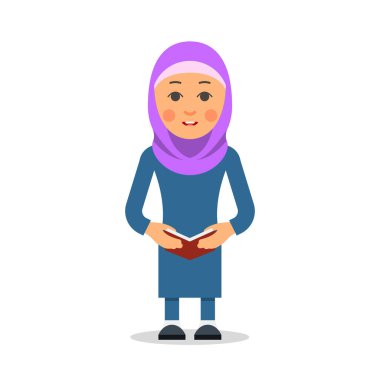Arap ya da Müslüman öğrenci. Geleneksel giyinen ve kitap okuyan bir kadın. Düz bir arkaplanda beyaz bir zemin üzerinde İslam temsilcilerinin izole edilmiş karakterleri.
