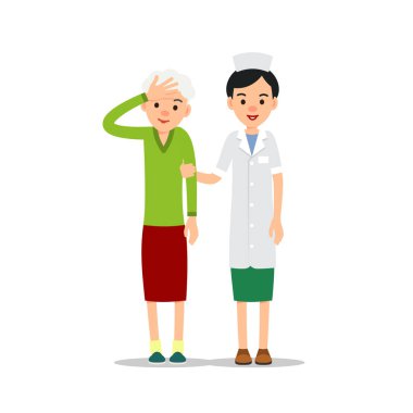 Hemşire ve hasta. Genç bir doktor yaşlı bir kadına destek oluyor. Çizgi film çizimi beyaz arkaplanda düz bir şekilde izole edildi. Doktor kadın, doktor ya da asistan portresi