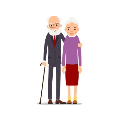 Yaşlı çift. İki yaşlı insan ayakta duruyor. Elinde baston olan yaşlı bir adam ve kadın yan yana durur ve birbirlerine sarılırlar. Görüntü düz arkaplanda izole edildi