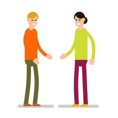 İnsanları selamlamak. Erkek ve kadın ayakta birbirlerini selamlıyorlar. Bir grup genç insan. Çizgi film çizimi düz arkaplanda izole edildi