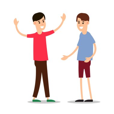 Genç adam ayakta duruyor ve birbirini selamlıyor. Bir grup genç insan. Çeşitli pozlardaki komik karikatürcü çocuk. Çizgi film çizimi düz arkaplanda izole edildi.