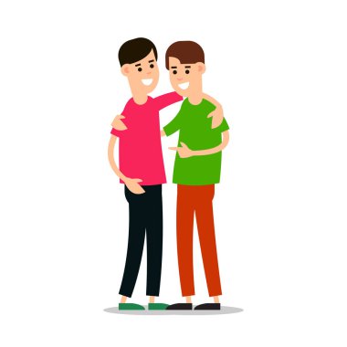 Gençler ayakta durup birbirlerine sarılıyorlar. Bir grup genç insan. Komik çizgi film çocuğu. Çizgi film çizimi düz arkaplanda izole edildi