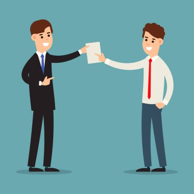 İş adamı belgeleri. Evrakların transferi için iki işadamıyla görüşeceğim. Kontratı elden ele geçirin. Belgeleri al. Çizgi film çizimi düz arkaplanda izole edildi