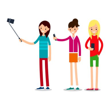 Kız selfie 'si. Arkadaşlar ortak oto-portre fotoğrafı çekerler. Mutlu gülümseyen genç kadınlar selfie çekiyorlar. Düz bir tasvir. İzole edilmiş