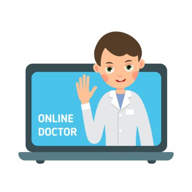 Çevrimiçi doktor. Bilgi iletişim teknolojisi. Çevrimiçi tıbbi yardım ve destek. Bilgisayarı kullanarak doktorla modern konsültasyon. Görüntü düz arkaplanda izole edildi