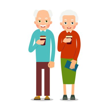 Yaşlı insanlar kahve içiyor. Yaşlı insanlar, ayakta duran ve kahve fincanları tutan kadın ve erkekler. Çizgi film çizimi düz arkaplanda izole edildi