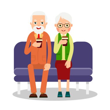 Yaşlı insanlar kahve içiyor. Yaşlı insanlar, kadın ve erkek oturup kahve fincanları tutuyorlar. Çizgi film çizimi düz arkaplanda izole edildi
