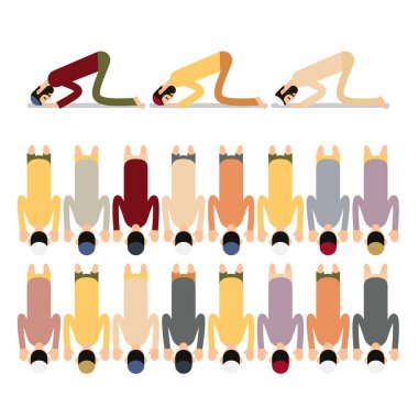 Müslüman duası. Farklı takım elbiseli, geleneksel giysili Müslüman erkekleri oturtup dua ediyorlar. Diz çökmüş erkeklerin müslüman dualarının icrası. Düz bir tasvir. İzole edilmiş