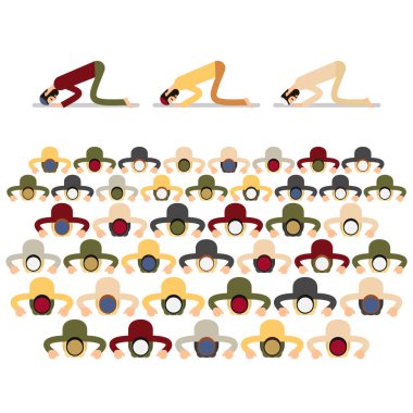 Müslüman duası. Farklı takım elbiseli, geleneksel giysili Müslüman erkekleri oturtup dua ediyorlar. Diz çökmüş erkeklerin müslüman dualarının icrası. Düz bir tasvir. İzole edilmiş